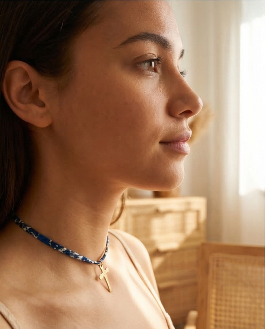 Ras de cou en cordon liberty, croix acier inoxydable