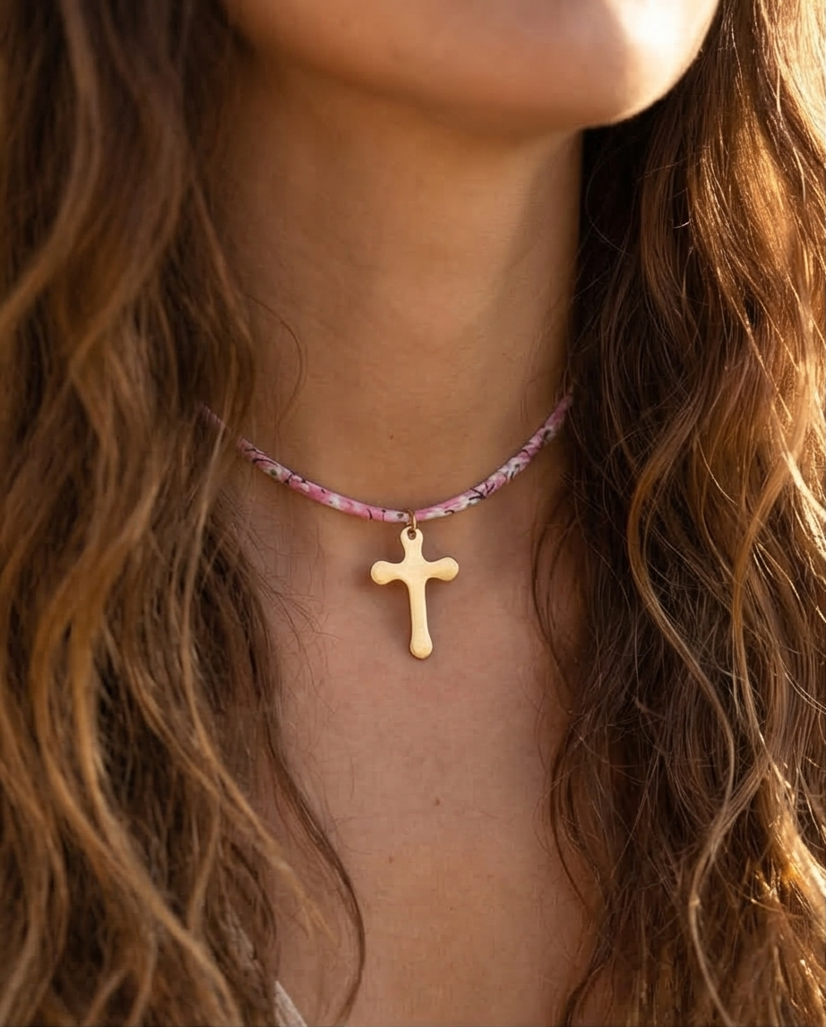 Ras de cou en cordon liberty, croix acier inoxydable