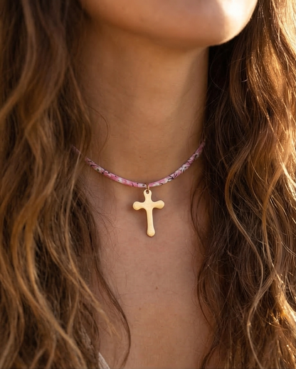 Ras de cou en cordon liberty, croix acier inoxydable