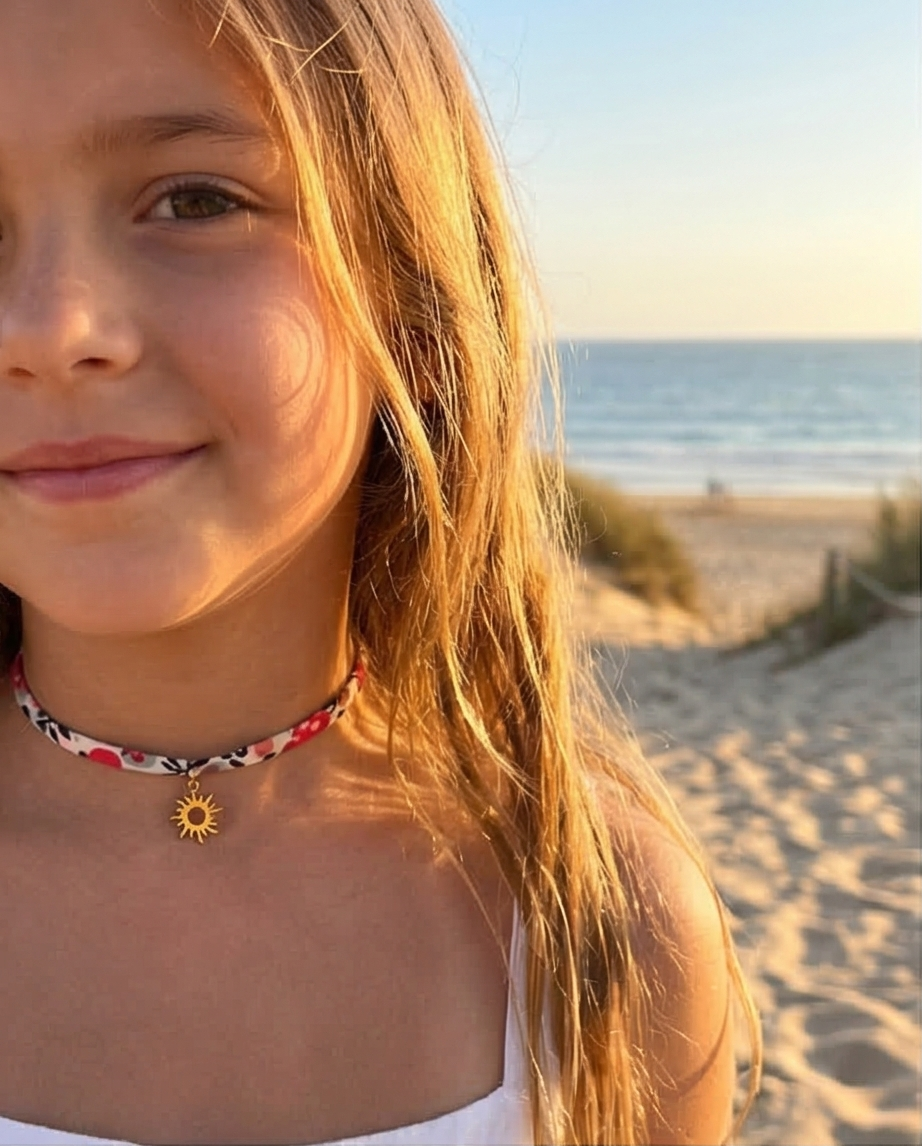 Ras de cou en cordon liberty, pendentif Soleil