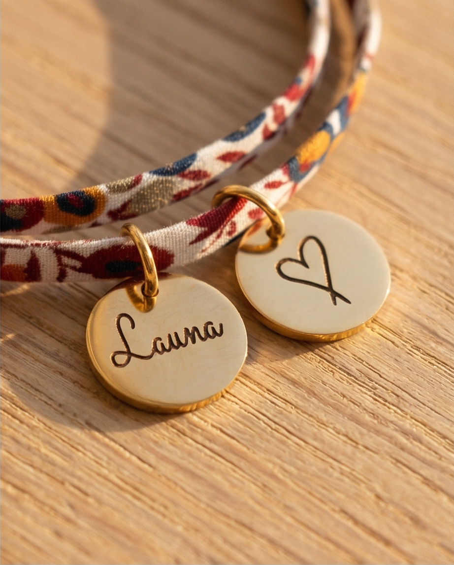 Bracelet en cordon liberty, Zoha - bijou gravé, cadeau de fête des mères