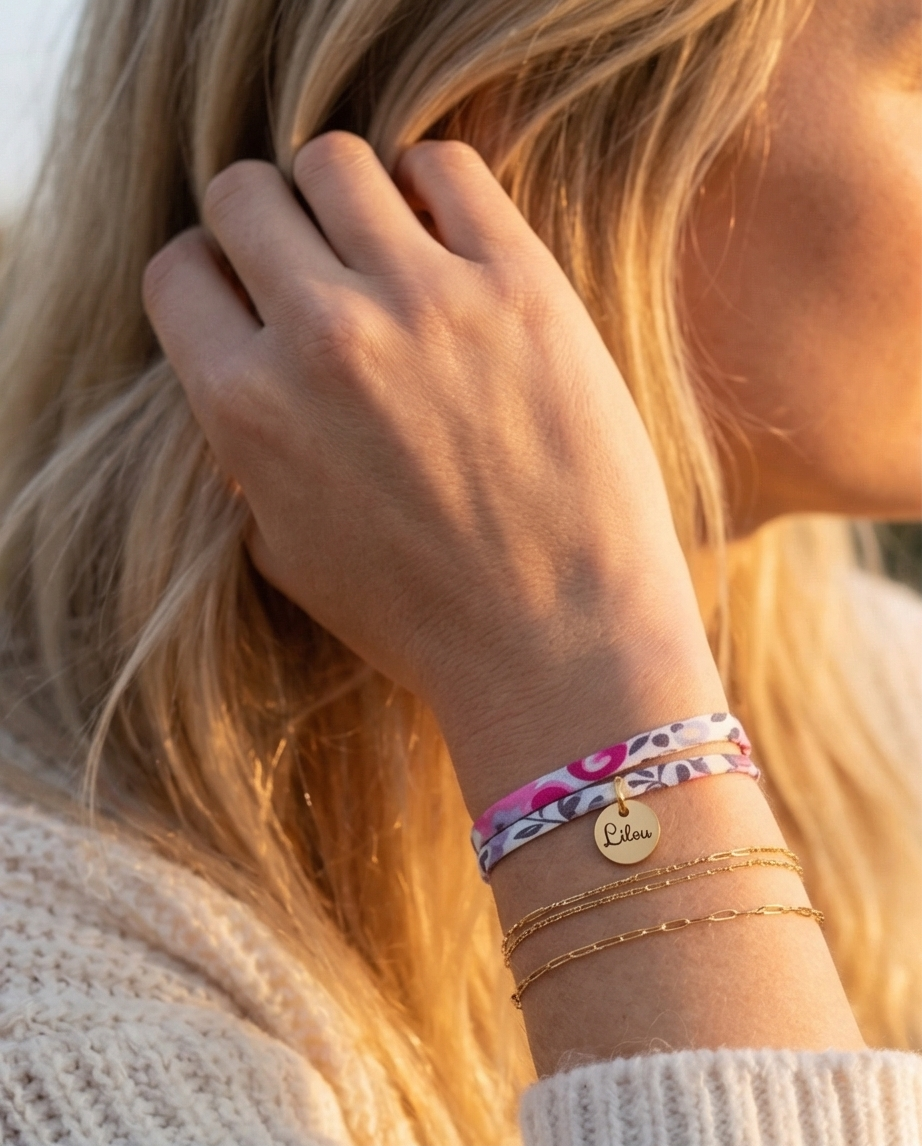 Bracelet en cordon liberty 2 tours de poignet, Sully - bracelet personnalisé femme & enfant
