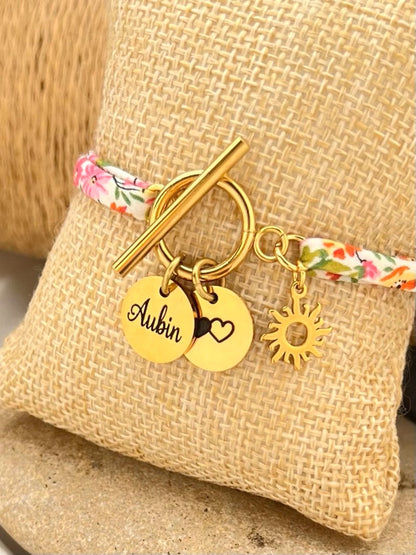 Bracelet en cordon liberty, fermoir Toggle - Fêtes des mères, anniversaire personnalisé